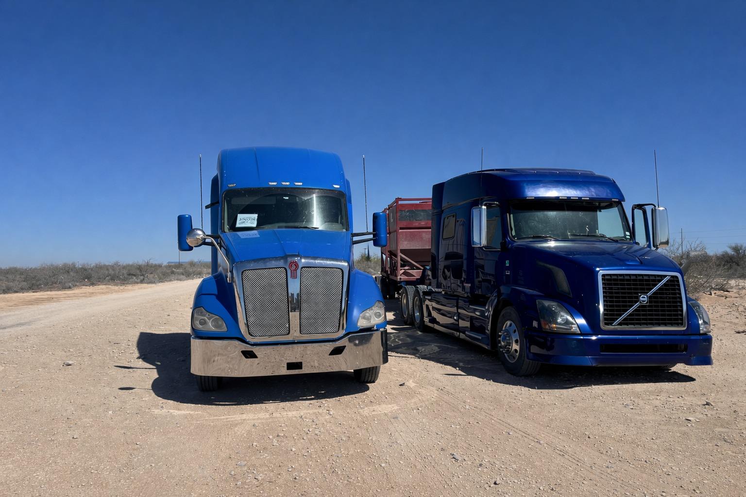 Kenworth and Volvo tractors lined up in the West Texas desert